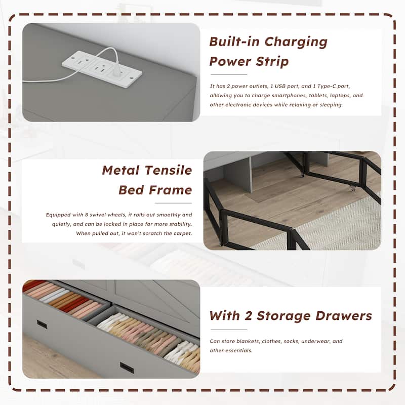 57" Murphy Bed with Storage Drawers & Charging Cabinet - Folding, Wheeled & Noise-Free for Guest Room, Living Room, Office