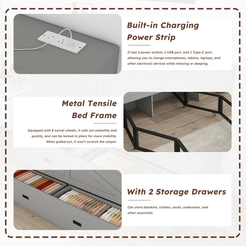 Full Size Murphy Bed, with Storage Drawers and Charging Cabinet, with Foldable Panels, with Swivel Wheels, Noise-Free