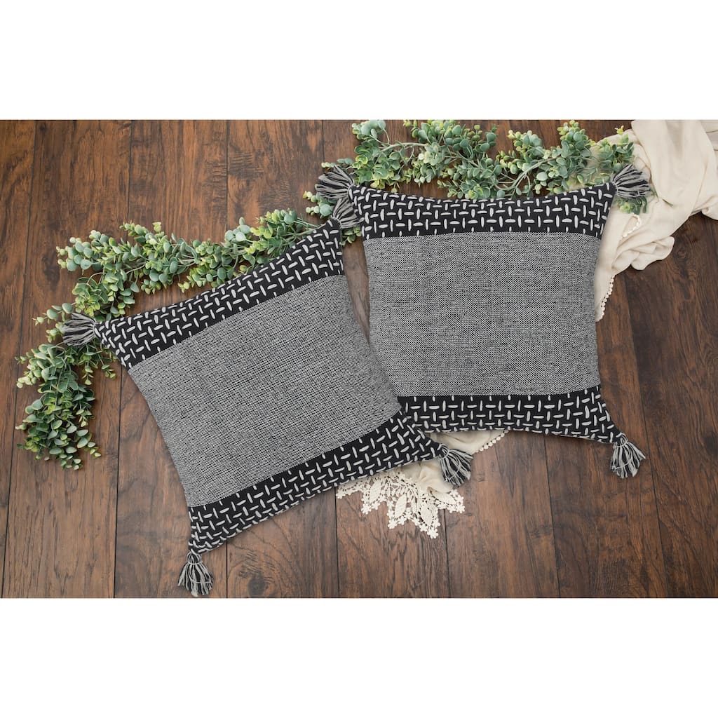 Handwoven Geometric Square Throw Pillows - 20" - Black and White - Set of 2