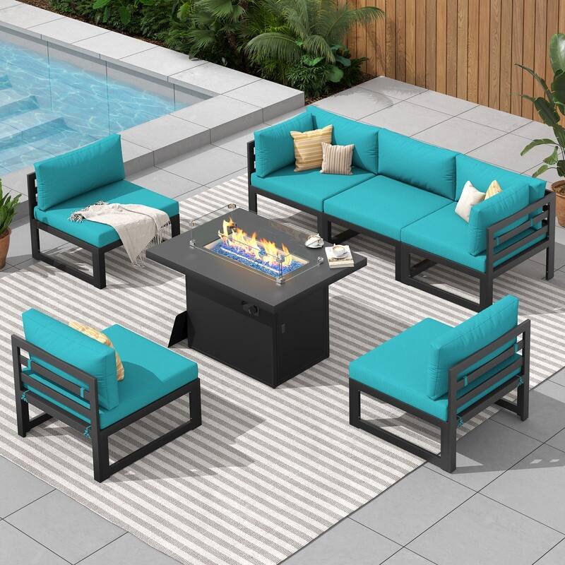 FINCATI Aluminum Outdoor Patio Furniture Conversation Sectional Sofa Set - 7 Pieces-A - Teal
