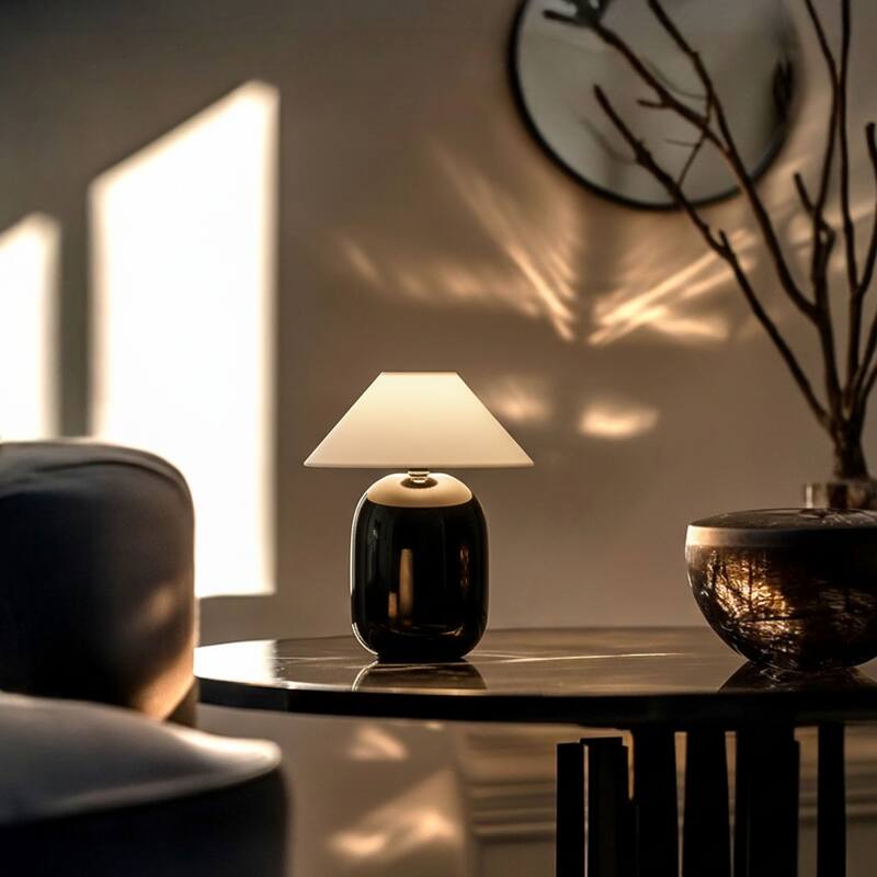 Ren LED 7.87 in Glossy Black Midcentury Modern Urn Dimmable Cordless Portable Rechargeable Bedside Nightstand Desk Lamp