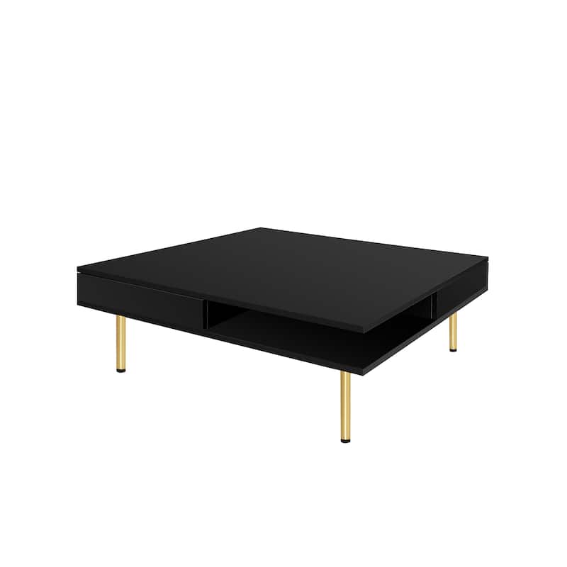 2-Tier Square Coffee Table with 2 Drawers, 4 Golden Legs, High Gloss Coffee Table Center Table w/ Storage for Living Room