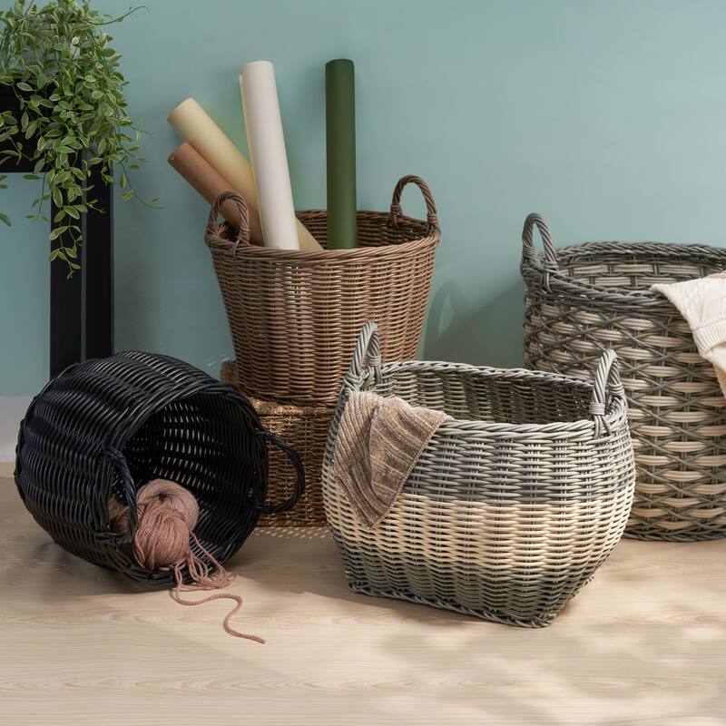 Lucius Round Resin Woven Wicker Basket with Handles - 13" x 13"