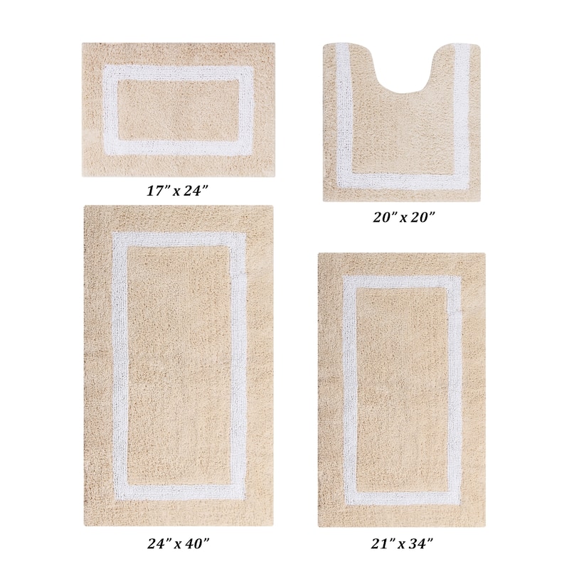 Better Trends Hotel Collection in Race Track 100% Cotton Super Absorbent Reversible Double Sided Machine Washable Bath Mat Rug - 4 Piece Set 17"x24" | 20"x20" | 21"x34" | 24"x40" - Sand & White