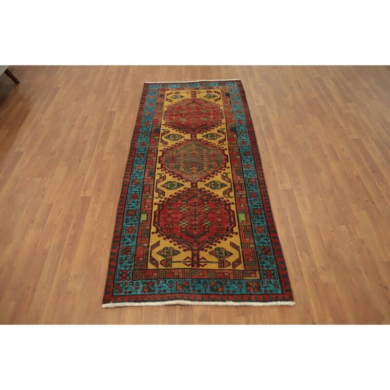 Hand Knotted Oriental 100% Wool Carpet Traditional Geometric Yellow & Gold Ardebil Runner Rug - 7' 1'' X 3' 2''
