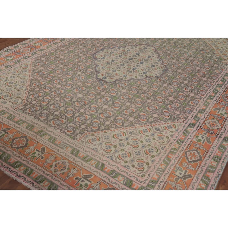 Geometric Tabriz Persian Vintage Area Rug Handmade Grey Wool Carpet - 7'9" x 10'0"