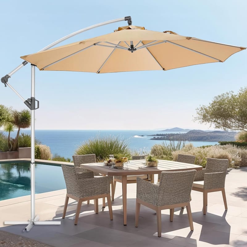 10 ft. Metal Offset Hanging Cantilever Patio Umbrella with Easy Tilt and Crank for Pool Deck - Beige-1 Tier