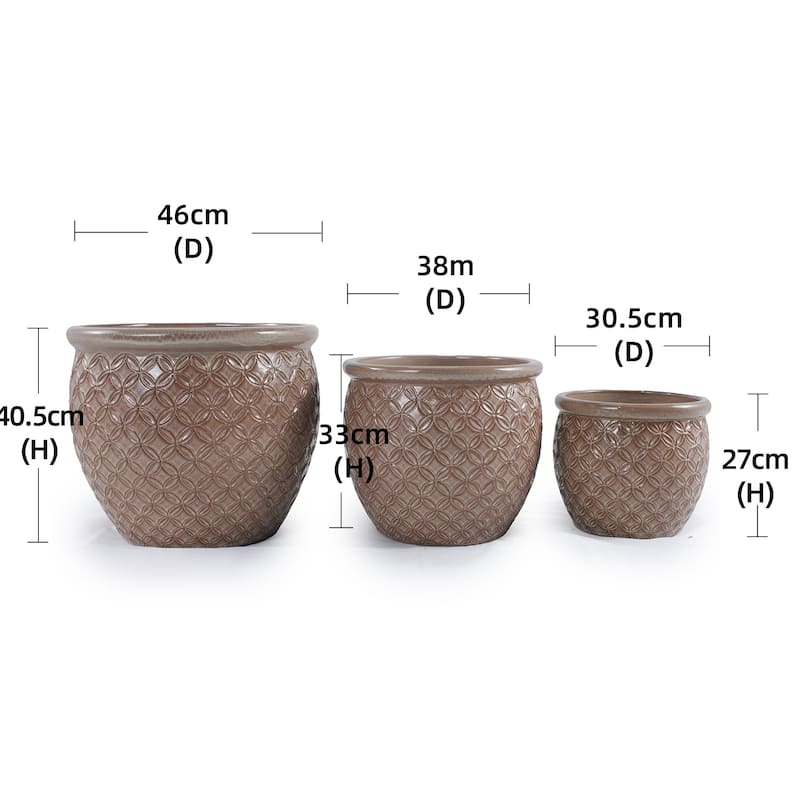 Set of 3 Antique Yellow 15 Inch Ceramic Planters with Drainage Hole - Frost Proof Indoor Outdoor Flower Pots