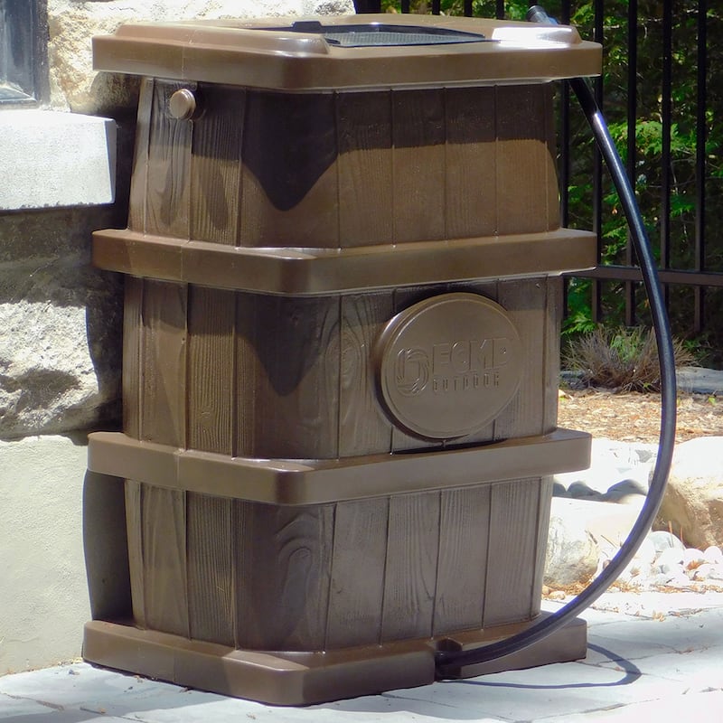 FCMP Outdoor WG4000 45 Gal Wood Grain Rain Water Catcher Barrel Container, Brown - 17 x 22 x 32 inches