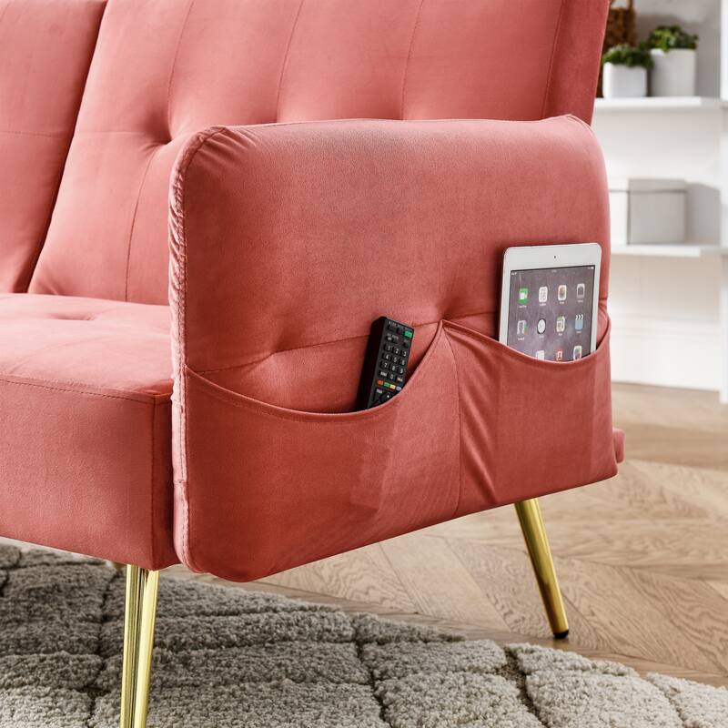 Velvet Futon Sofa Bed with Folded Armrests