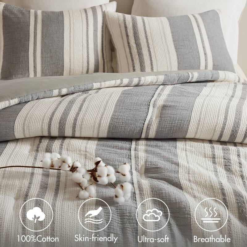 GDF Studio - Amara Textured Cotton Comforter 3-Piece Set with Waffle and Gauze Weave