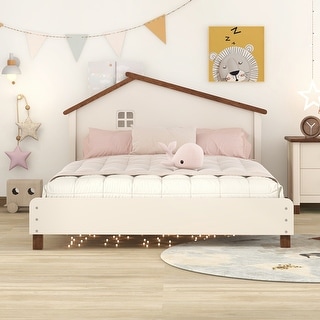 Cream+Walnut Full Cute Wooden Platform Bed with House-Shaped Headboard
