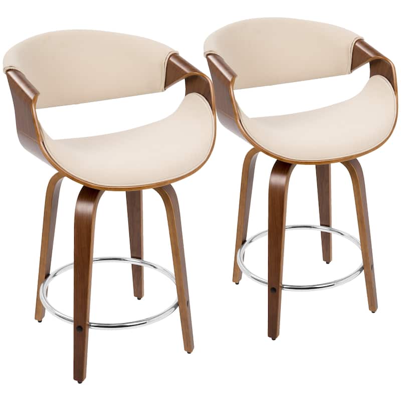 Carson Carrington Sauda 24" Fixed-Height Counter Stools with Bent Wood Legs & Round Footrest (Set of 2) - Cream Fabric/Walnut Wood/Chrome Metal
