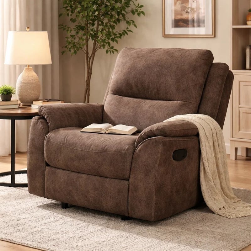 Heny Manual Glider Recliner Chair, Plush Dark Brown Pillow Top Arms