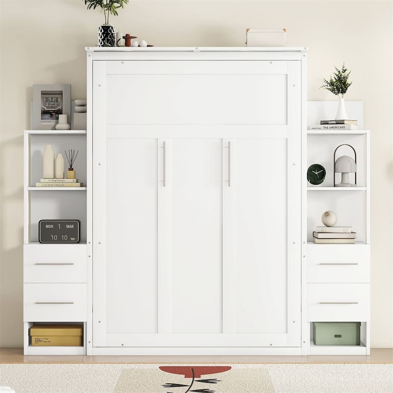 Merax Murphy Bed Wall Bed with Shelves, Drawers and LED Lights
