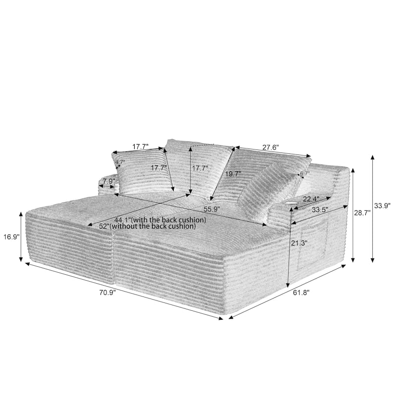 Compressible Double Chaise Lounge With Cupholders - No Assembly Required, Fluffy Modern Sleeper Loveseat