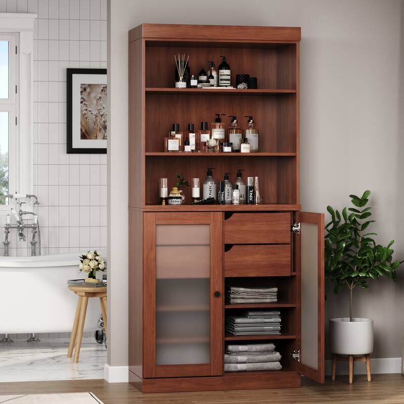100% Solid Wood 32" Bathroom Cabinet with Optional Doors, 2-Drawers by Palace Imports - Mocha - 2 Frosted Glass Doors