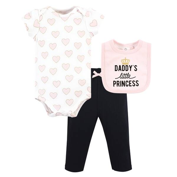 slide 1 of 1, Hudson Baby Infant Girl Cotton Bodysuit, Pant and Bib Set, Daddys Little Princess 0-3 Months - Daddys Little Princess