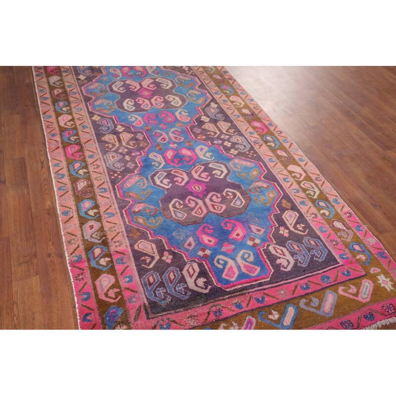 Geometric Meshkin Persian Vintage Runner Rug Hand-Knotted Wool Carpet - 3'9" x 10'6"