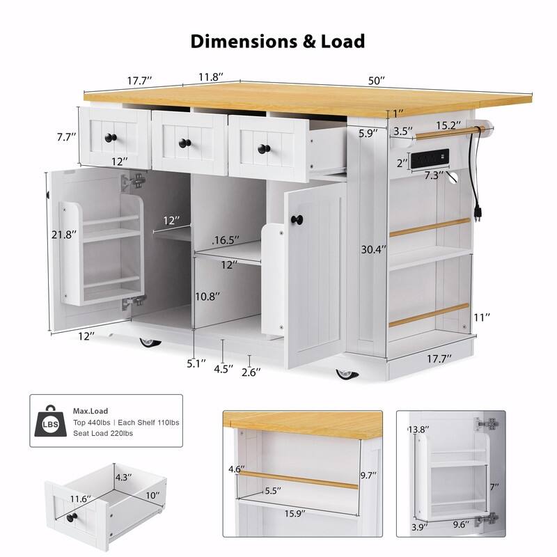 53" Rolling Kitchen Island with Drop Leaf, Power Outlet & Internal Door Storage, 5 Open Side Racks