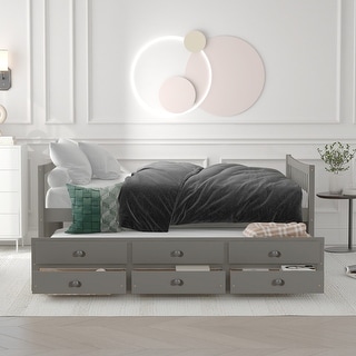 Wood Daybed Frame Full Size Sofa Bed with Pull-out Trundle Bed, Wood Slat Support & 3 Storage Drawers, for Livingroom Guest Room