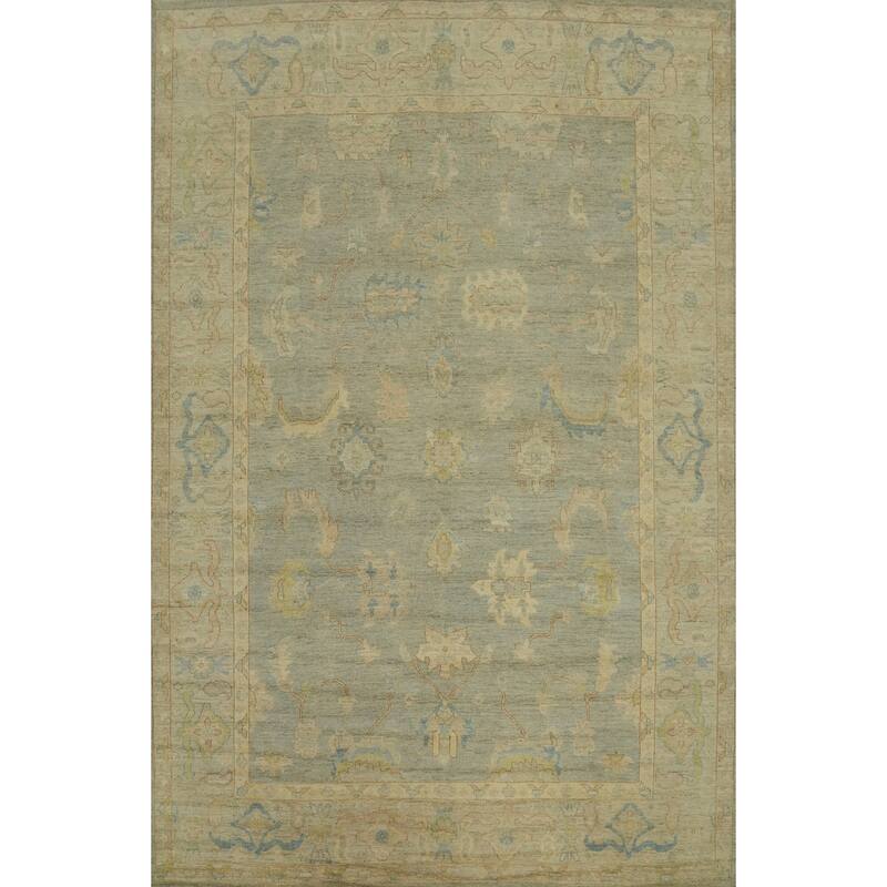 Handmade Gray Oushak Vegetable Dye Area Rug, Floral Geometric Carpet - 11' 9'' X 9' 2''