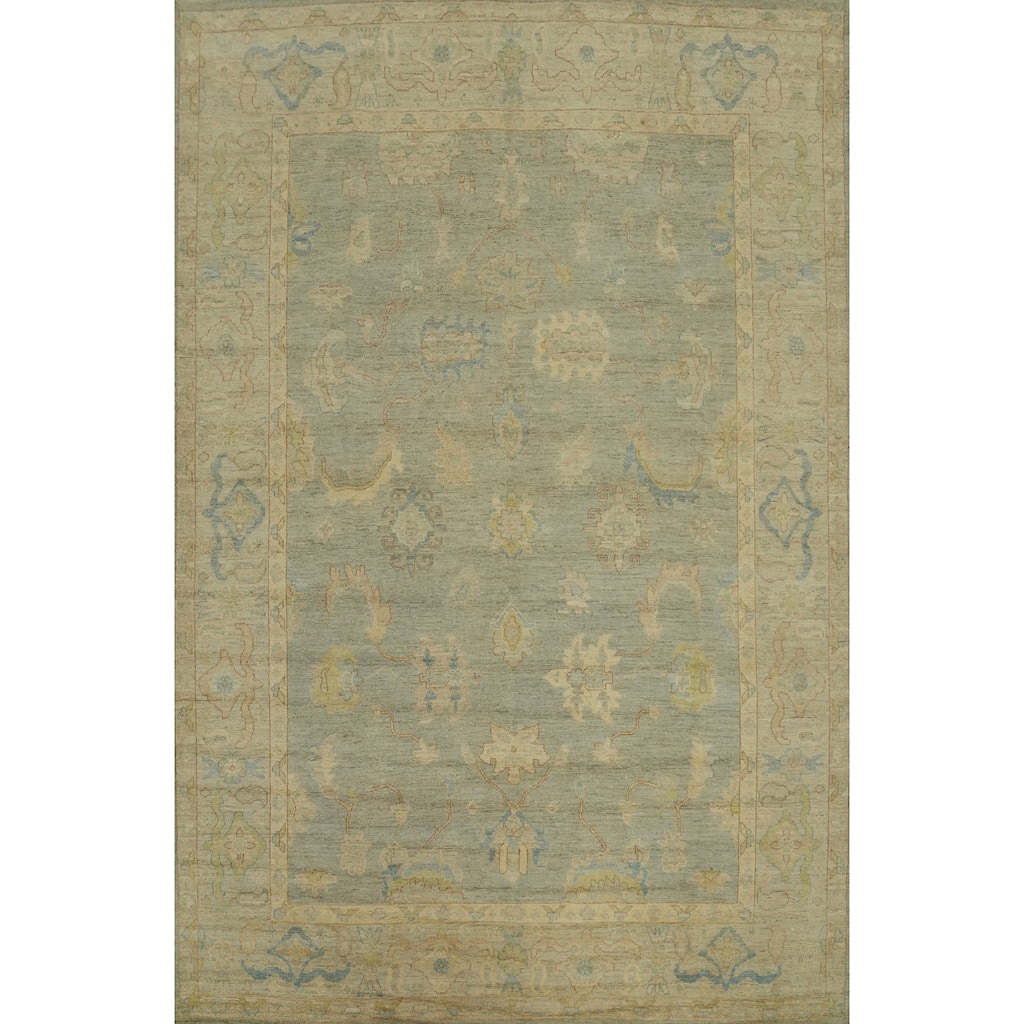 Handmade Gray Oushak Vegetable Dye Area Rug, Floral Geometric Carpet - 11' 9'' X 9' 2''