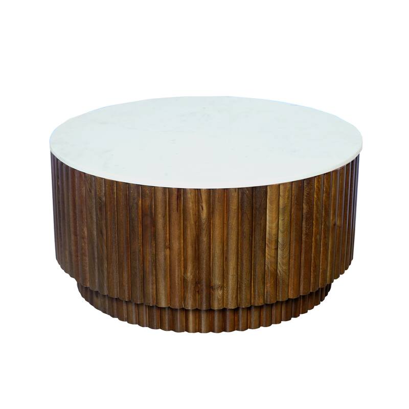 HomeRoots 36" Brown Genuine Marble And Solid Wood Round Drum Coffee Table - 36.00 in. x 18.00 in. x 36.00 in.