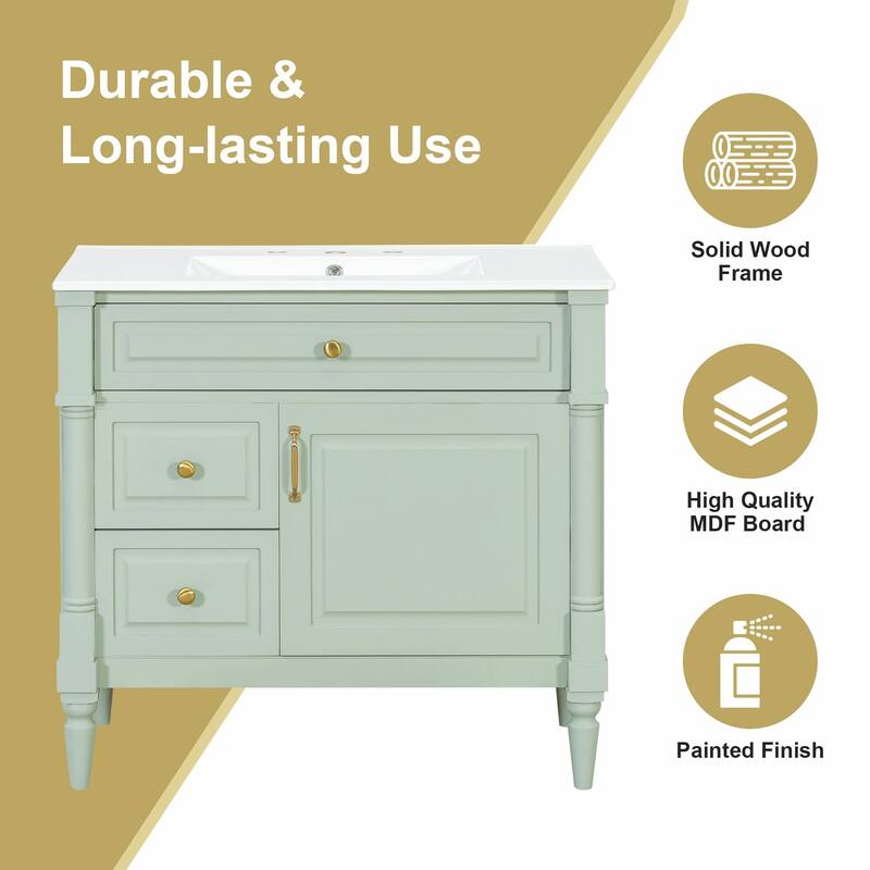 36" Bathroom Vanity with Sink, Freestanding Bathroom Cabinet with Ceramic Basin, Flip Drawer