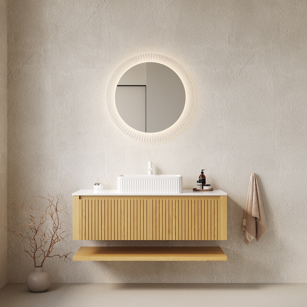 GDFStudio - Hizon Modern 48" Floating Bathroom Vanity with Ceramic Basin, Corolla Oak Finish & Open Shelf, WITHOUT Faucet