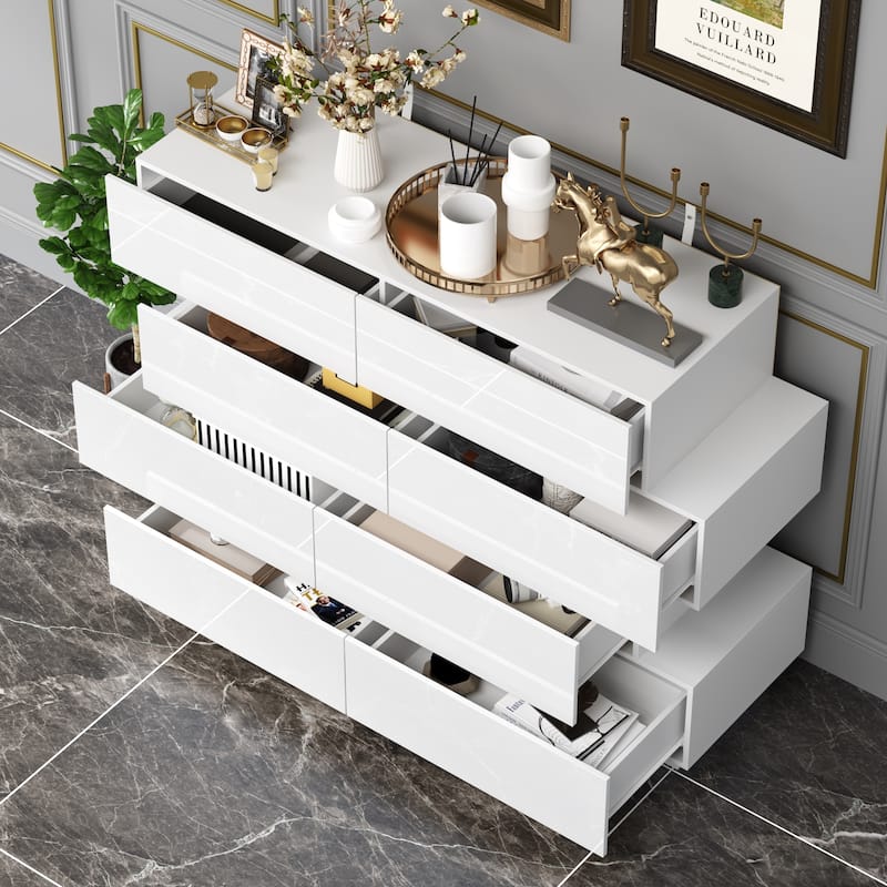 Elegant Eight-Drawer Dresser Closet Organizer in High Gloss White