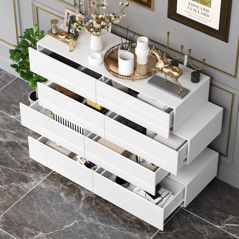 High Gloss White Eight-Drawer Dresser with Modern Design and Storage Chest
