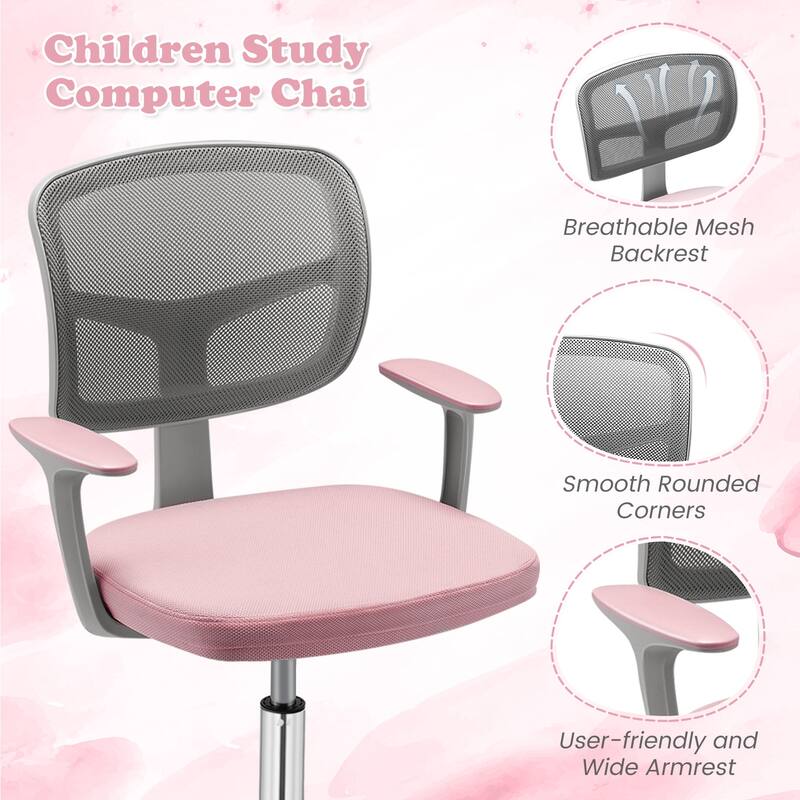 Kids Ergonomic Adjustable Height Study Chair with Swivel Seat and Mesh Backrest and Armrests