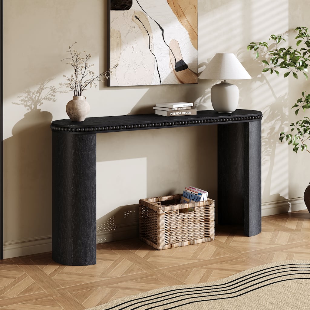Vintage Console Table With Beaded Trim And Reversible Curved Legs,Natural Wood Veneer Finish-Entryway Accent Table