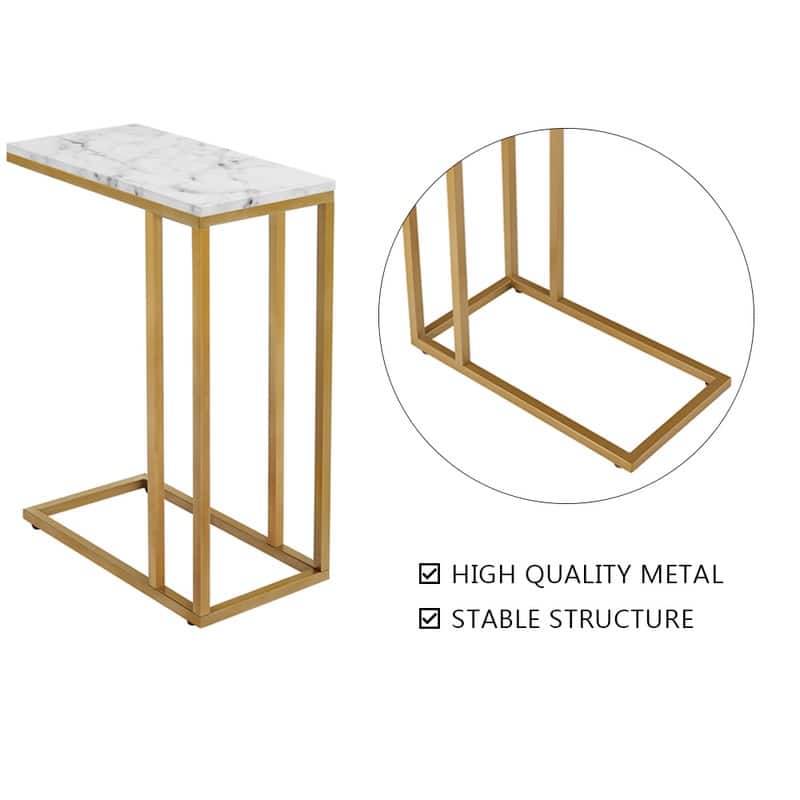 ROSEN GARDEN Faux Marble C-Shape Side End Table Metal Frame, White