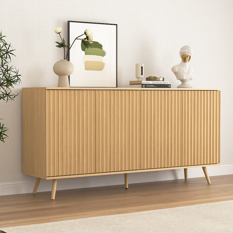 Sideboard Buffet Cabinet with Storage, 4-Door Wood Credenza Console, Long Living Room Cabinet Coffee Bar with Adjustable Shelves - Natural