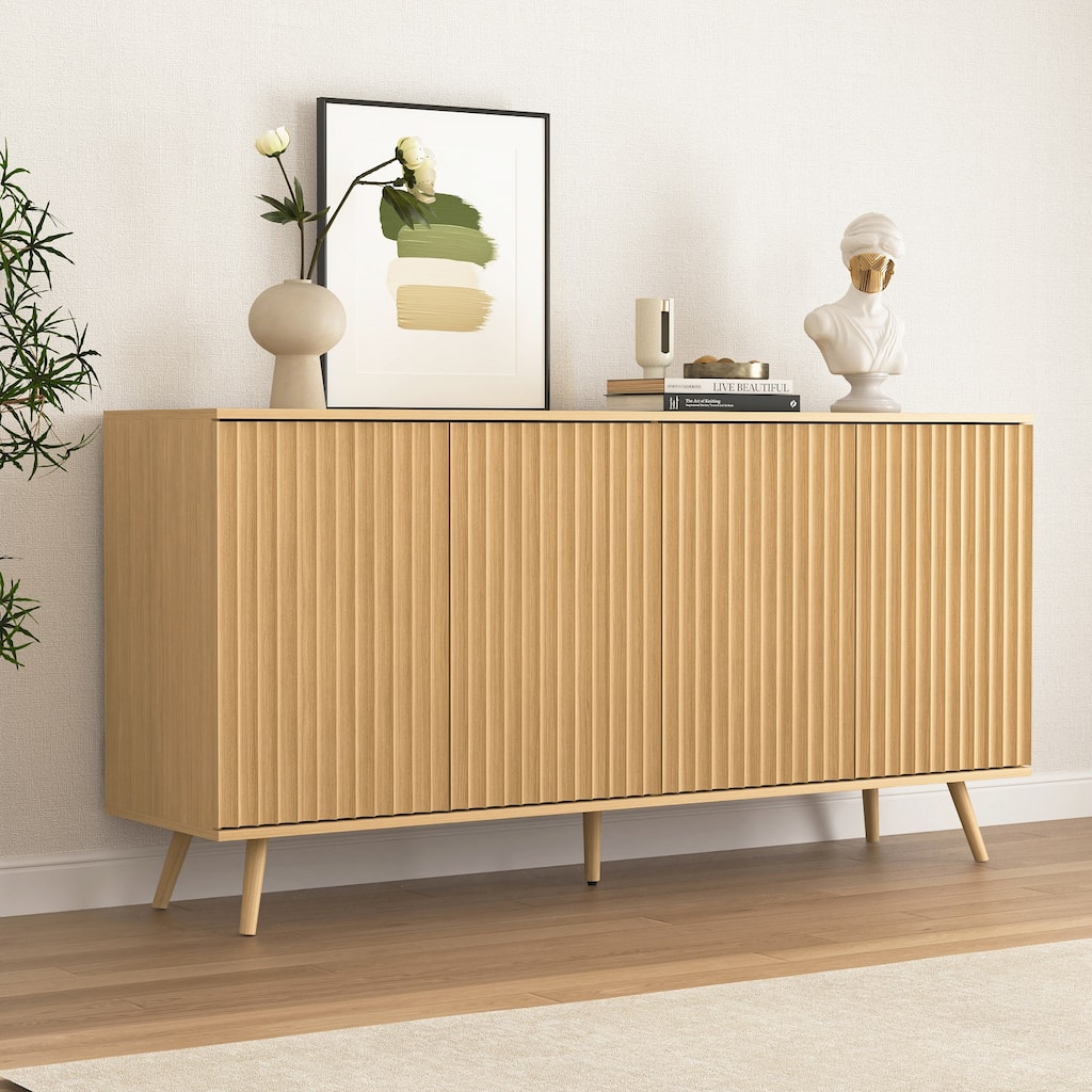 Sideboard Buffet Cabinet with Storage, 4-Door Wood Credenza Console, Long Living Room Cabinet Coffee Bar with Adjustable Shelves