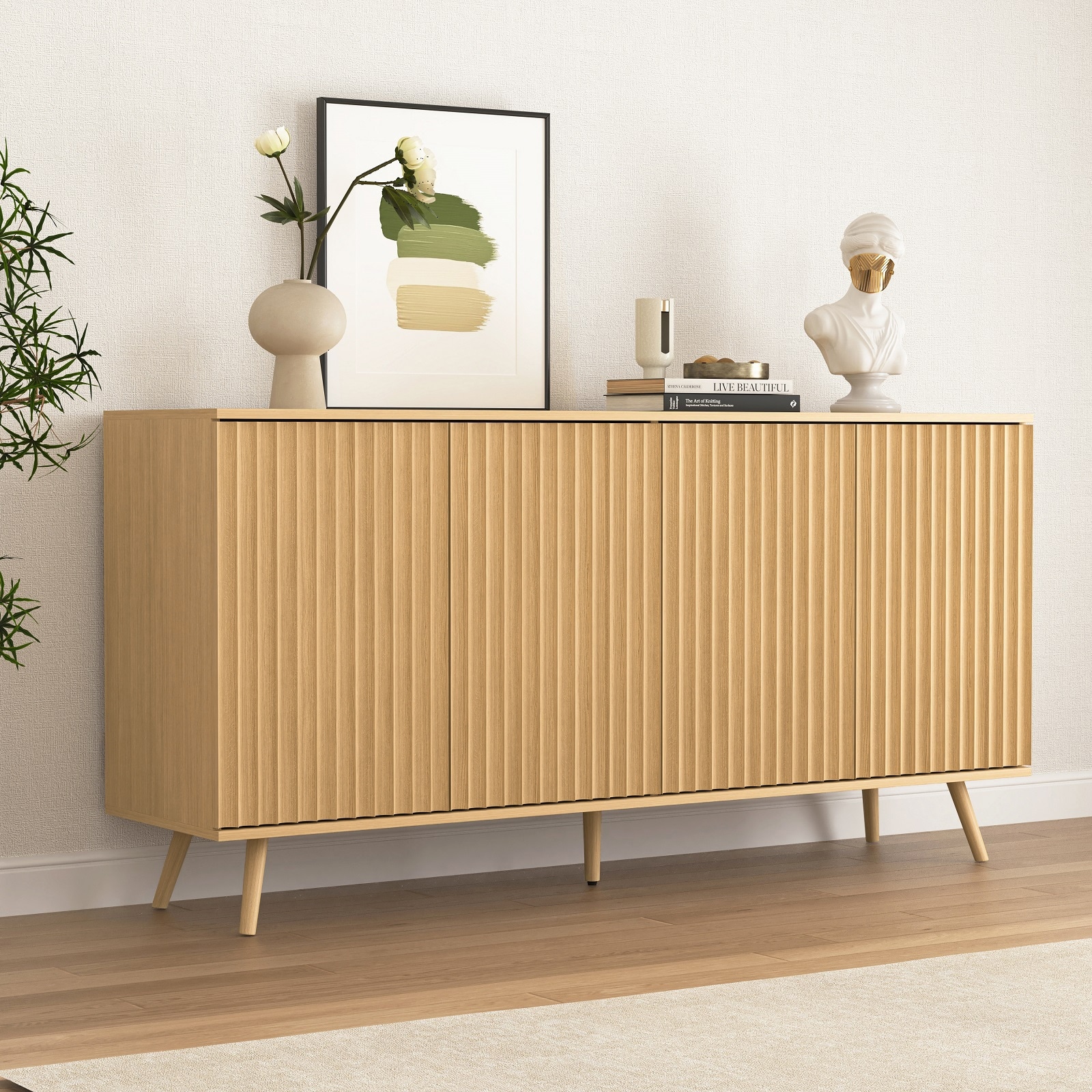 Sideboard Buffet Cabinet with Storage, Long Sideboard Storage Cabinet with 4 Doors, with Adjustable Shelves for Living Room