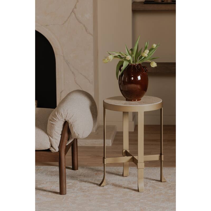 NADAAL STUDIOS Caelin Side Table, White Marble Top with Iron Base and Metal-Rim Edge, White