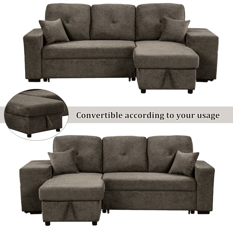 95" Velvet Sectional Sofa with Storage Chaise and 2 Stools and Reversible L-Shape Sofa Bed