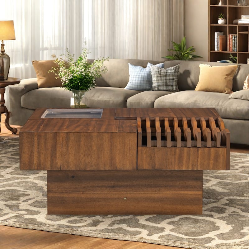 33" Solid Wood Multifunctional Square Coffee Table with Wave Design, Storage Drawers - Brown