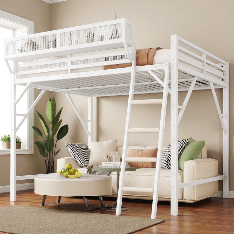 Full/Queen Size Metal Loft Bed with Storage Shelves, Guardrails, and Ladder, Space-Saving High Loft Bed for Kids and Teens