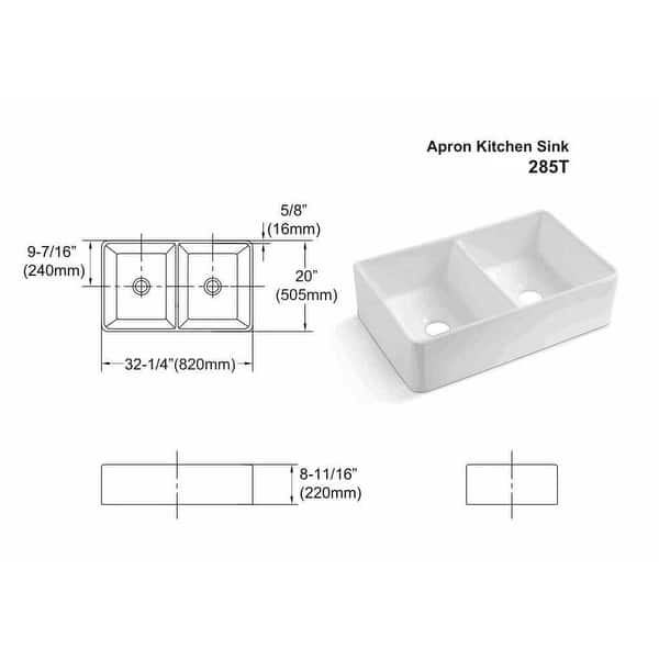 Vanityfair 32" L x 20" W Ceramic Double Basin Farmhouse Kitchen Sink with Accessories - 32" L x 20" W