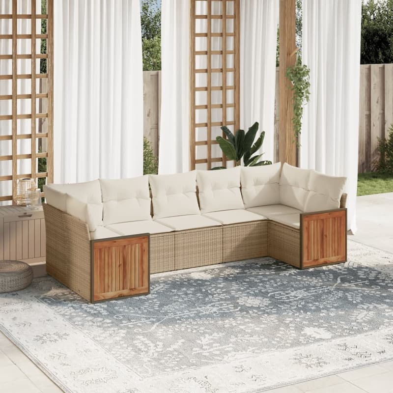vidaXL Patio Sofa Set with Cushions Outdoor Furniture 7 Piece Poly Rattan - 21.7 x 21.7 x 14.6 - Beige and Cream