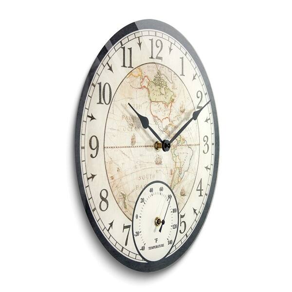 Curata Black Indoor and Outdoor World Map Quartz Wall Clock with Thermometer Bed Bath & Beyond