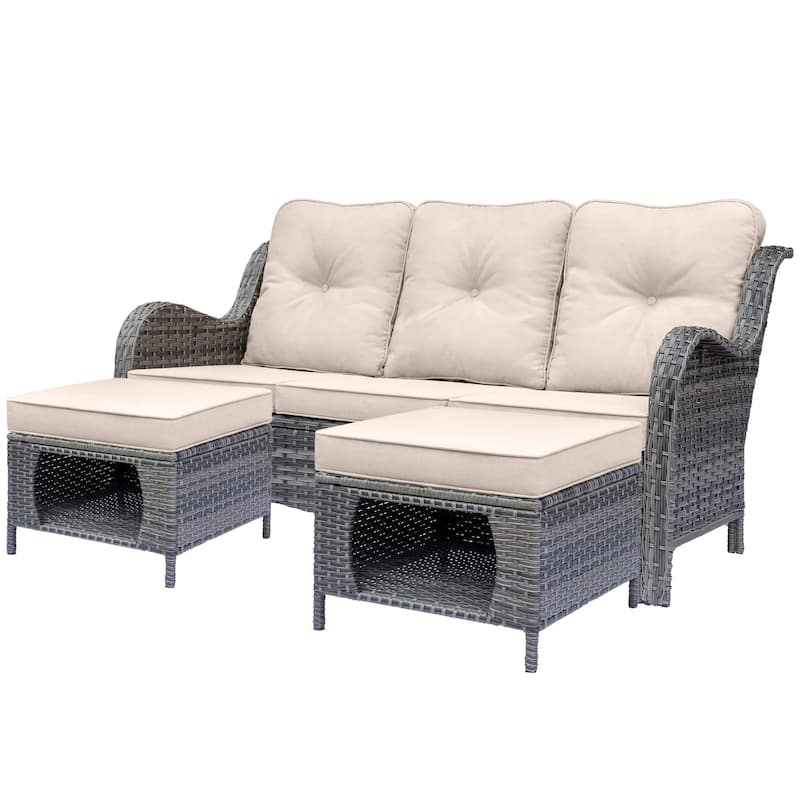 3 Piece Wicker Outdoor Couch Patio Sofa with Storage Ottomans Set