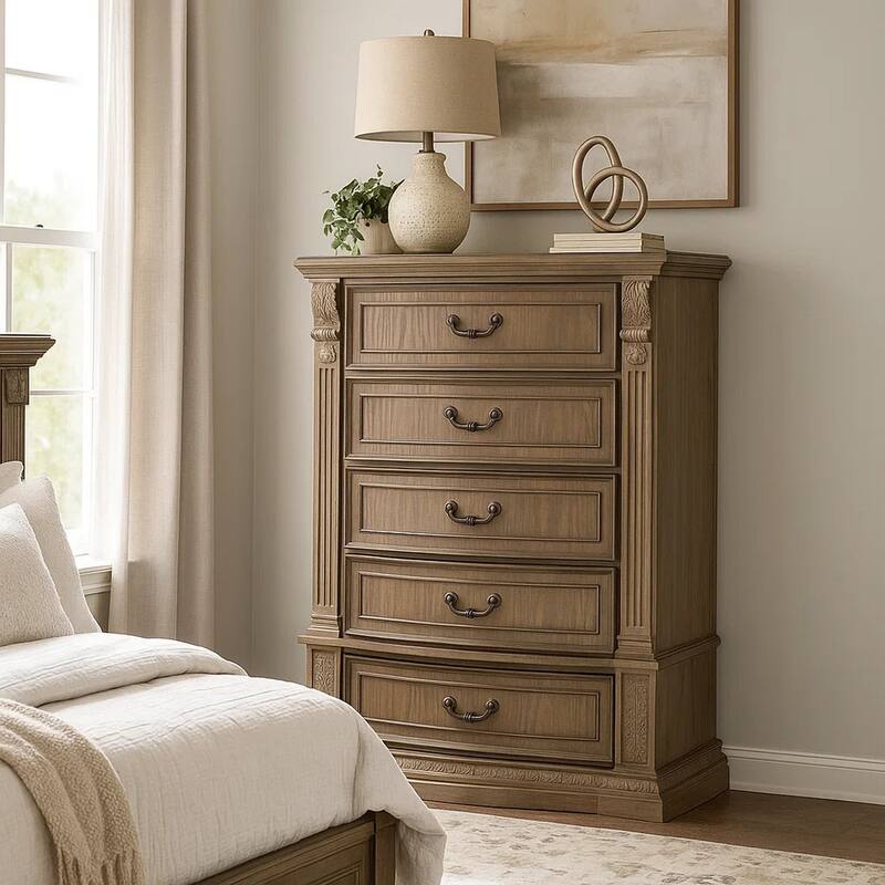 Reven Tall Dresser Chest, 5 Drawers, Weathered Oak Brown Wood, Metal