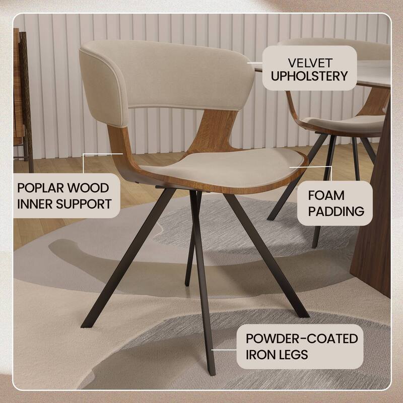 Dining Chair Upholstered in Leather or Velvet in Black Iron with Curved Open-Back Design Side Chair