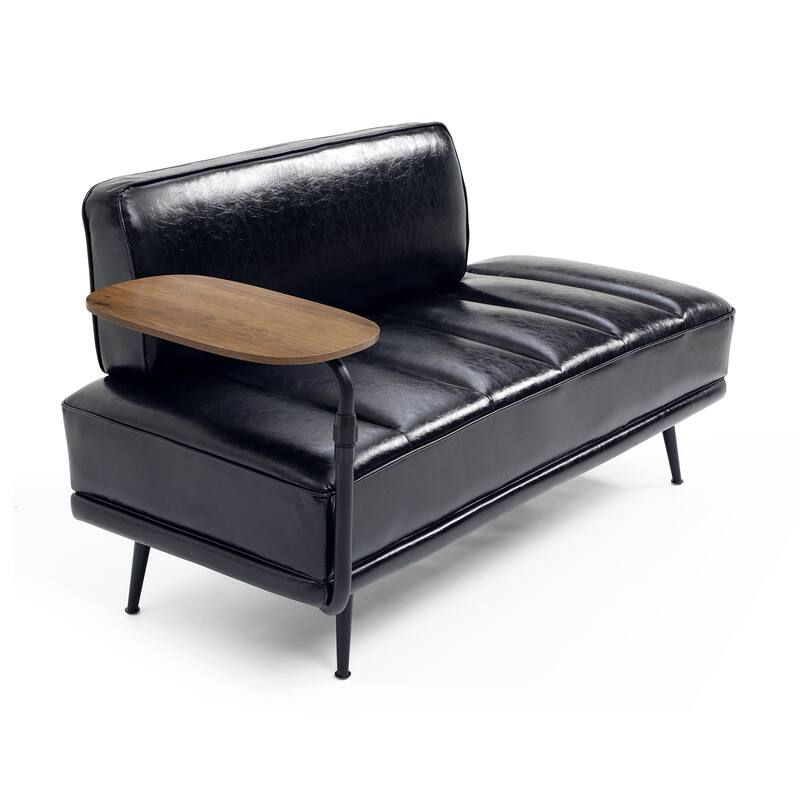 Faux Leather 55" End of Bed Bench with Rotating Tray, 2-Seater Ottoman Sofa with Gold Metal Legs for Bedroom, Living Room