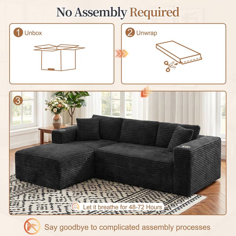 102'' No-Assembly Modular Corduroy Sofa with Cup Holder, Free Combination